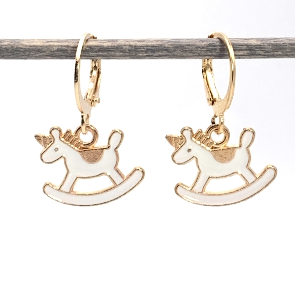 Cute White Enamel Rocking Unicorn Earrings